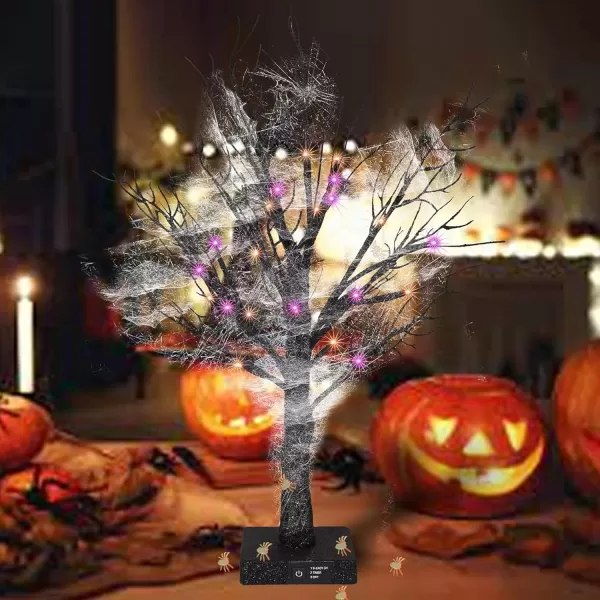 Dazzle Bright 20 Inch Orange ampamp Purple Lighted Halloween Birches Tree Decor 24 LED Battery Operated Halloween Decorations Artificial Black Spooky Tree with Timer for Indoor Home Holiday Xmas Party2 Pack