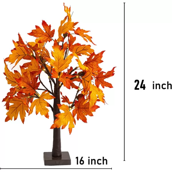 Dazzle Bright 24 Inch Lighted Thanksgiving Fall Maple Tree Decor 24 LED Battery Operated Decorations Artificial Tree with Timer for Indoor Home Room Holiday Xmas Party2 Pack