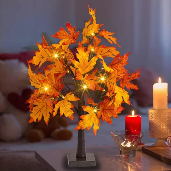 Dazzle Bright 24 Inch Lighted Thanksgiving Fall Maple Tree Decor 24 LED Battery Operated Decorations Artificial Tree with Timer for Indoor Home Room Holiday Xmas Party1 Pack