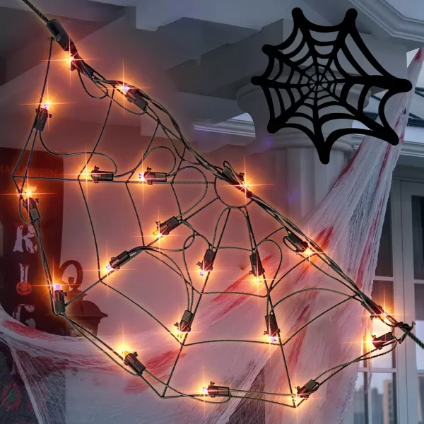 Dazzle Bright 3 Pack 60 LED Halloween Spider Web Lights 42FT Connectable Waterproof Halloween Lights Metal Halloween Decorations for Indoor Outdoor Garden Yard Party Orange