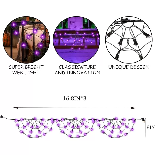 Dazzle Bright 3 Pack 60 LED Halloween Spider Web Lights 42FT Connectable Waterproof Halloween Lights Metal Halloween Decorations for Indoor Outdoor Garden Yard Party Purple