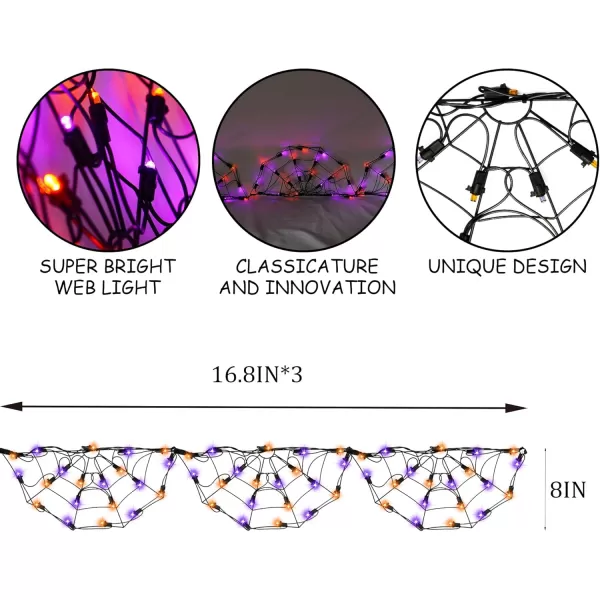 Dazzle Bright 3 Pack 60 LED Halloween Spider Web Lights 42FT Connectable Waterproof Lights Metal Halloween Xmas Decorations for Indoor Outdoor Garden Yard Party Purple and Orange