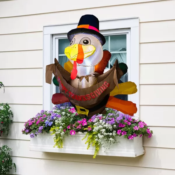 Dazzle Bright 35 FT Thanksgiving Inflatable Decorations Outdoor Turkey Broke Out from Window with Buildin LED Blow Up Inflatable Decoration for Thanksgiving Party Yard Garden Lawn DecorTurkey