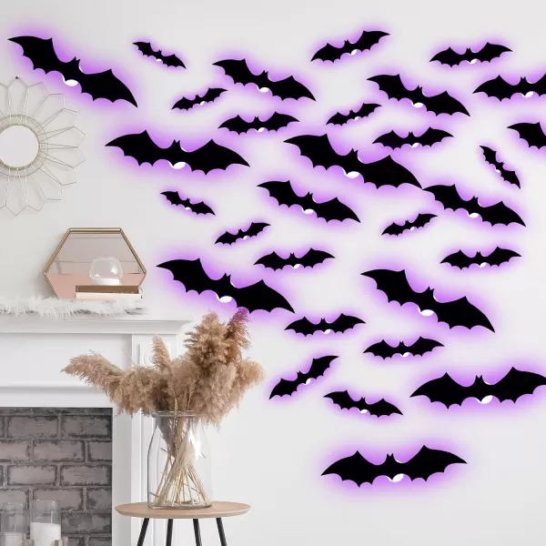 Dazzle Bright 36 Pcs LED Halloween 3D Bats Decorations Wall Stickers 4 Different Size Removable PVC Wall Sticker for Indoor Home Window Decor Party Supplies