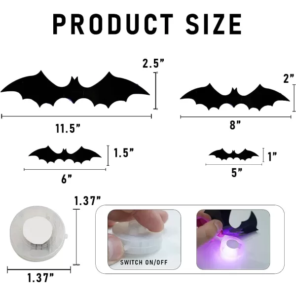 Dazzle Bright 36 Pcs LED Halloween 3D Bats Decorations Wall Stickers 4 Different Size Removable PVC Wall Sticker for Indoor Home Window Decor Party Supplies