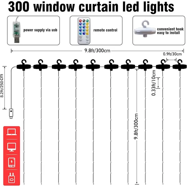 Dazzle Bright Curtain String Lights 300 LED 98ft x 98ft 8 Lighting Modes Fairy Lights USB Powered Waterproof Lights for Christmas Party Wedding Outdoor Indoor Wall Decorations BlueWhite