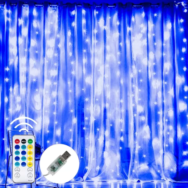 Dazzle Bright Curtain String Lights 300 LED 98ft x 98ft 8 Lighting Modes Fairy Lights USB Powered Waterproof Lights for Christmas Party Wedding Outdoor Indoor Wall Decorations BlueBlue