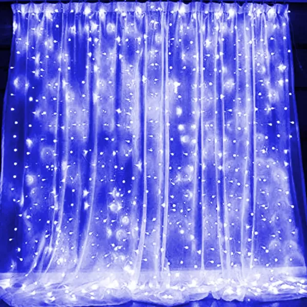 Dazzle Bright Curtain String Lights 300 LED 98ft x 98ft 8 Lighting Modes Fairy Lights USB Powered Waterproof Lights for Christmas Party Wedding Outdoor Indoor Wall Decorations BlueBlue