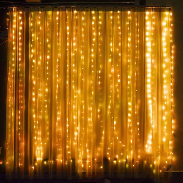 Dazzle Bright Curtain String Lights 300 LED 98ft x 98ft 8 Lighting Modes Fairy Lights USB Powered Waterproof Lights for Christmas Party Wedding Outdoor Indoor Wall Decorations BlueWarm White