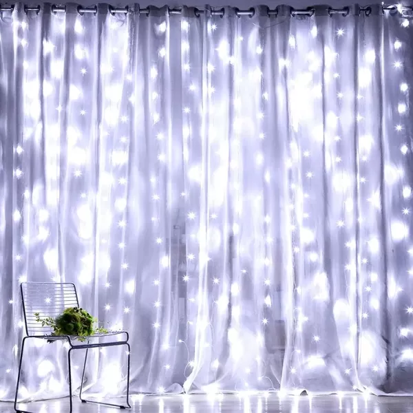 Dazzle Bright Curtain String Lights 300 LED 98ft x 98ft 8 Lighting Modes Fairy Lights USB Powered Waterproof Lights for Christmas Party Wedding Outdoor Indoor Wall Decorations BlueWhite