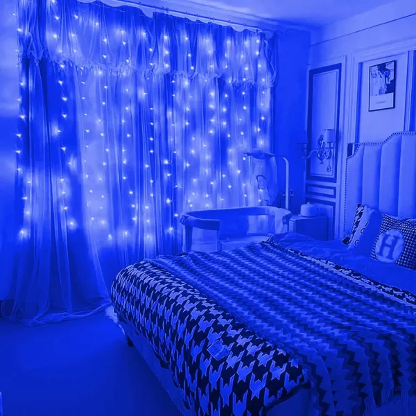 Dazzle Bright Curtain String Lights 300 LED 98ft x 98ft 8 Lighting Modes Fairy Lights USB Powered Waterproof Lights for Christmas Party Wedding Outdoor Indoor Wall Decorations BlueBlue