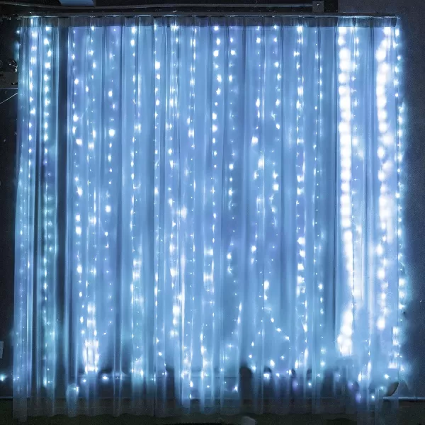 Dazzle Bright Curtain String Lights 300 LED 98ft x 98ft 8 Lighting Modes Fairy Lights USB Powered Waterproof Lights for Christmas Party Wedding Outdoor Indoor Wall Decorations BlueWhite