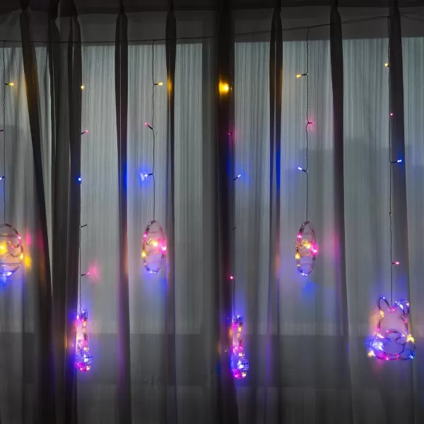 Dazzle Bright Easter Lights 222LED 9FT Pastel Rabbit and Eggs Curtain String Lights with 8 Modes Plug in Easter Decorations for Indoor Window Outdoor Party Decor