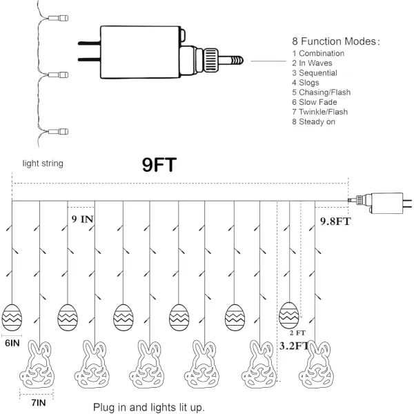 Dazzle Bright Easter Lights 222LED 9FT Pastel Rabbit and Eggs Curtain String Lights with 8 Modes Plug in Easter Decorations for Indoor Window Outdoor Party Decor
