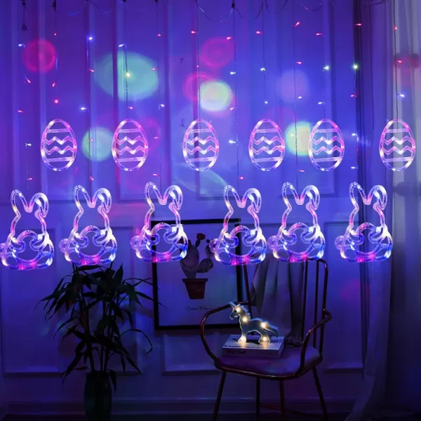 Dazzle Bright Easter Lights 222LED 9FT Pastel Rabbit and Eggs Curtain String Lights with 8 Modes Plug in Easter Decorations for Indoor Window Outdoor Party Decor