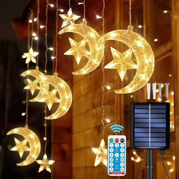 Dazzle Bright 138 LED Solar Lights Outdoor 8 Modes Solar Powered Waterproof Ramadan Window Curtain Light with Star Moon Remote Control for Holiday Decorations