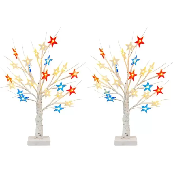 Dazzle Bright 2 Pack Independence Day Tree with Star Lights Table Decorations Home Room Decor 24 LED Red White and Blue Battery Operated 4th of July Patriotic Tree Lights