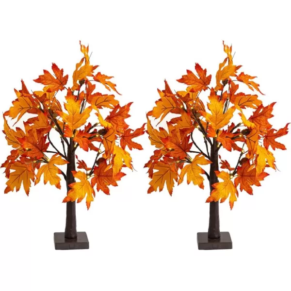 Dazzle Bright 24 Inch Lighted Thanksgiving Fall Maple Tree Decor 24 LED Battery Operated Decorations Artificial Tree with Timer for Indoor Home Room Holiday Xmas Party2 Pack