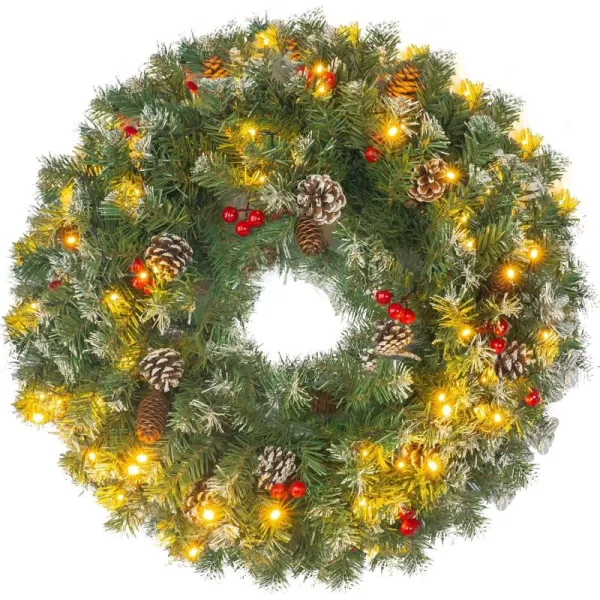 Dazzle Bright 24 Inch PreLit Christmas Wreath Large Artificial Wreath with Red Berry Pine Cone Spruce Battery Operated 50 LED Christmas Door Decorations Outdoor Indoor for Front Door Mantel Decor