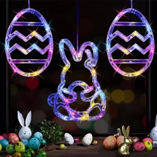 Dazzle Bright 3 Pack Window Easter Decorations Battery Operated Pastel Bunny and Eggs Easter Lights for Indoor Home Room Party Decor