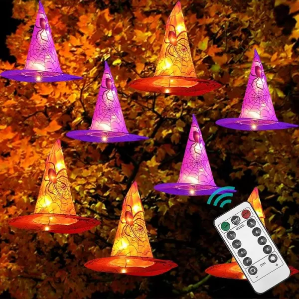 Dazzle Bright 8 Pcs Hanging Witch Hat String Lights Light Up Waterproof Halloween Decorations with Remote Control for Outdoor Garden Party Carnival Supplies Decor