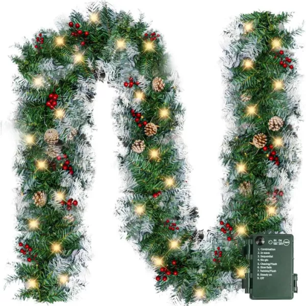 Dazzle Bright 9 FT Artificial Christmas Garland 50 LED Battery Operated Lighted Silver Leaves Berries Snowflake Xmas Garland with 8 Modes for Indoor Holiday Door Home Decorations