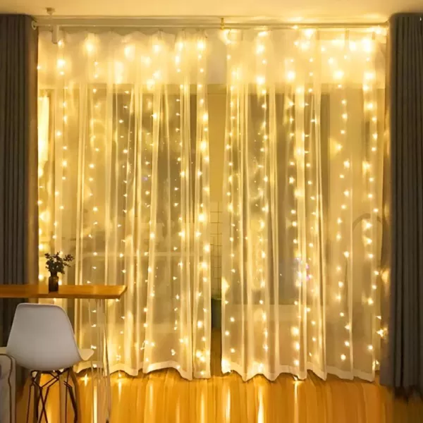 Dazzle Bright Curtain String Lights 300 LED 98ft x 98ft 8 Lighting Modes Fairy Lights USB Powered Waterproof Lights for Christmas Party Wedding Outdoor Indoor Wall Decorations BlueWarm White