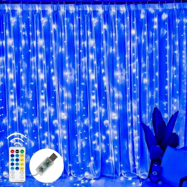 Dazzle Bright Curtain String Lights 300 LED 98ft x 98ft 8 Lighting Modes Fairy Lights USB Powered Waterproof Lights for Christmas Party Wedding Outdoor Indoor Wall Decorations BlueBlue