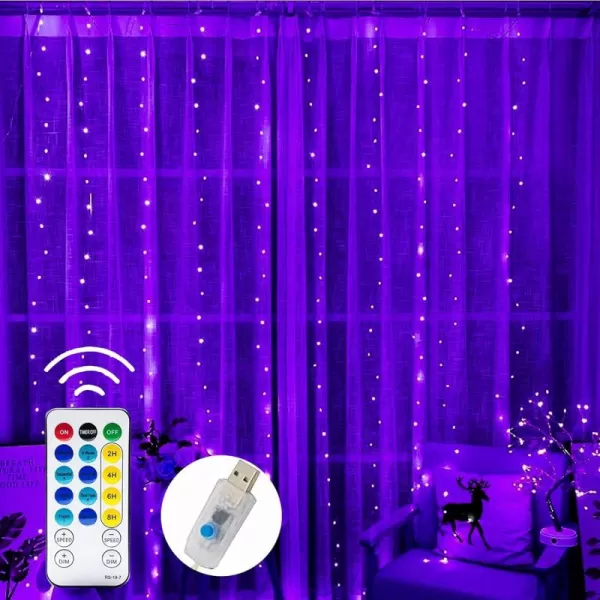 Dazzle Bright Curtain String Lights 300 LED 98ft x 98ft 8 Lighting Modes Fairy Lights USB Powered Waterproof Lights for Christmas Party Wedding Outdoor Indoor Wall Decorations BluePurple