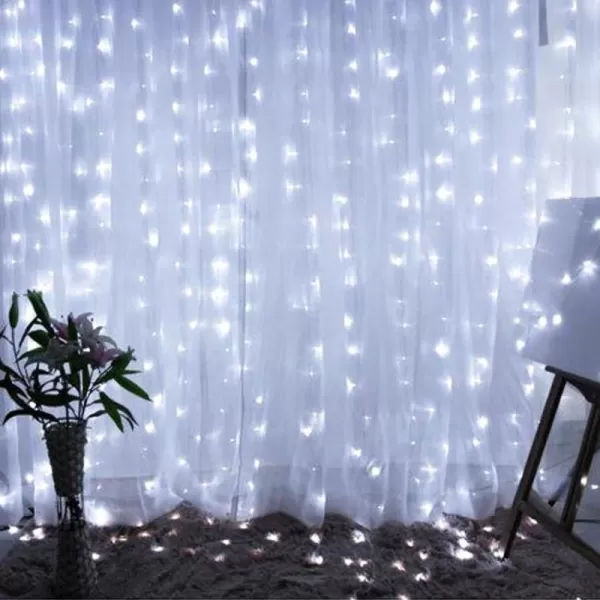 Dazzle Bright Curtain String Lights 300 LED 98ft x 98ft 8 Lighting Modes Fairy Lights USB Powered Waterproof Lights for Christmas Party Wedding Outdoor Indoor Wall Decorations BlueWhite