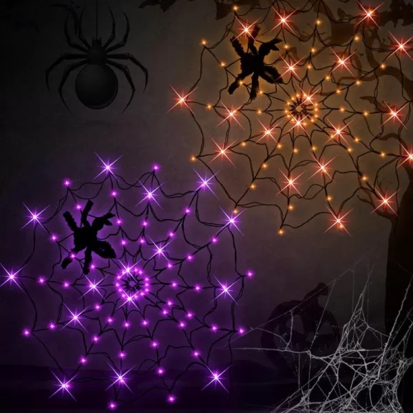 Dazzle Bright Halloween Decorations 2 Pack 80 LED Spider Web Lights with Spider 8 Modes Light up Halloween Xmas Decor for Indoor Ourdoor Garden Yard Home Patio 1 Purple 1 Orange