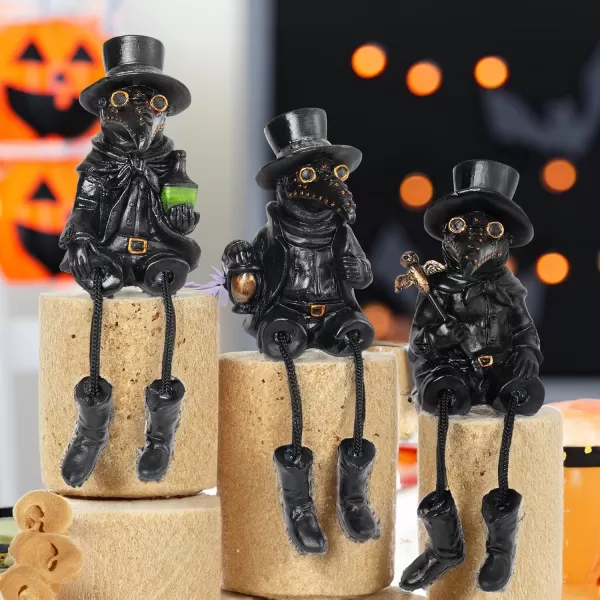 Dazzle Bright 3 Pcs Halloween Plague Doctor with Dangling Legs Figurines Decoration Resin Gothic Scary Crow Table Fireplace Shelf Sitting Figurines Party Ornament Gifts for Indoor Home Decor