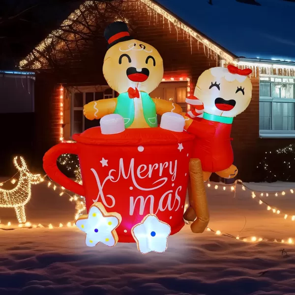 Dazzle Bright 6 FT Christmas Inflatables Decorations Outdoor Blow Up Cute Gingerbread Man in Hot Cocoa Mug Yard Decor Light Up Xmas Blow up for Indoor Outdoor Lawn Garden Decor