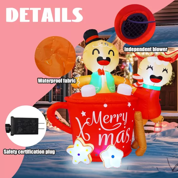 Dazzle Bright 6 FT Christmas Inflatables Decorations Outdoor Blow Up Cute Gingerbread Man in Hot Cocoa Mug Yard Decor Light Up Xmas Blow up for Indoor Outdoor Lawn Garden Decor