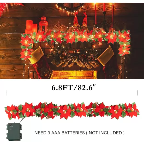 Dazzle Bright 7 FT Christmas Poinsettia Flowers Garland Decorations 10 LED Lighted Artificial Velvet String Lights with Red Berries Holly Leaves Xmas Ornaments for Indoor Outdoor Fireplace Decor2 Pack