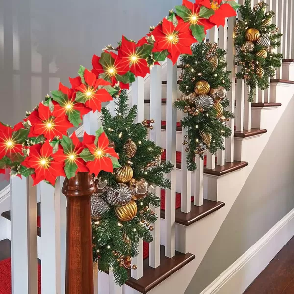 Dazzle Bright 7 FT Christmas Poinsettia Flowers Garland Decorations 10 LED Lighted Artificial Velvet String Lights with Red Berries Holly Leaves Xmas Ornaments for Indoor Outdoor Fireplace Decor2 Pack