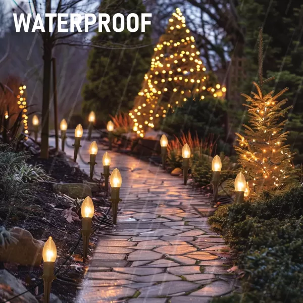 Dazzle Bright C9 Christmas Pathway Lights Outdoor 30 FT 24 Bulbs Waterproof Walkway Lights with Stakes Connectable Christmas Decorations for Outside Sidewalk Yard Decor MultiColoredWarm White