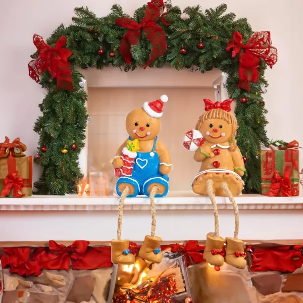 Dazzle Bright Christmas Figurines Set of 2 Resin Gingerbread Man Sitters with Dangling Legs Xmas Table Fireplace Shelf Sitters Decorations Sitting Figurines Ornament for Indoor Home Decor