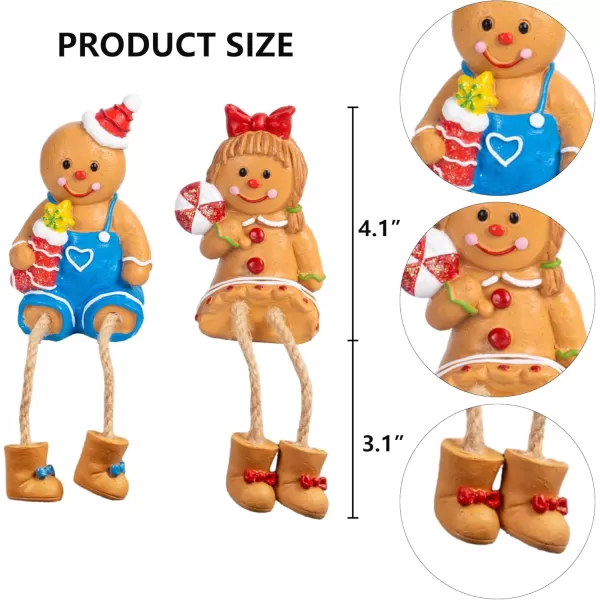 Dazzle Bright Christmas Figurines Set of 2 Resin Gingerbread Man Sitters with Dangling Legs Xmas Table Fireplace Shelf Sitters Decorations Sitting Figurines Ornament for Indoor Home Decor