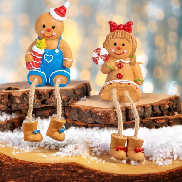 Dazzle Bright Christmas Figurines Set of 2 Resin Gingerbread Man Sitters with Dangling Legs Xmas Table Fireplace Shelf Sitters Decorations Sitting Figurines Ornament for Indoor Home Decor