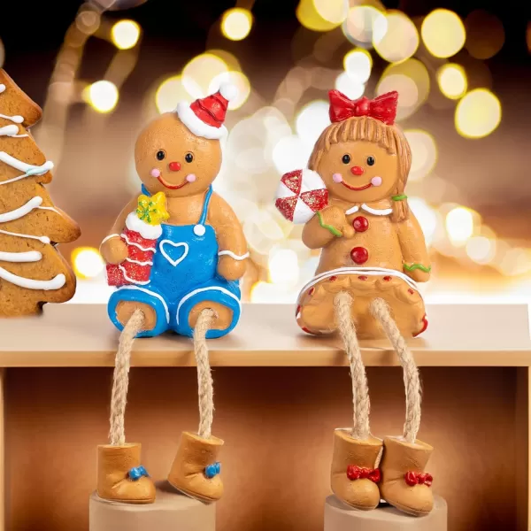 Dazzle Bright Christmas Figurines Set of 2 Resin Gingerbread Man Sitters with Dangling Legs Xmas Table Fireplace Shelf Sitters Decorations Sitting Figurines Ornament for Indoor Home Decor