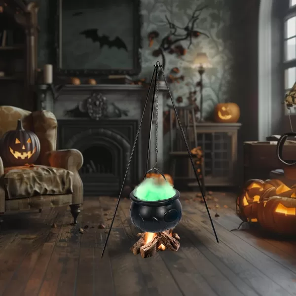 Dazzle Bright Halloween Cauldron Decorations Outdoor Witches Cauldron on Tripod with Green Lights Black Witches Bowl Candy Bucket for Halloween Party Indoor Porch Outdoor Yard Decor