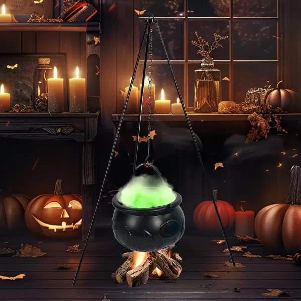 Dazzle Bright Halloween Cauldron Decorations Outdoor Witches Cauldron on Tripod with Green Lights Black Witches Bowl Candy Bucket for Halloween Party Indoor Porch Outdoor Yard Decor