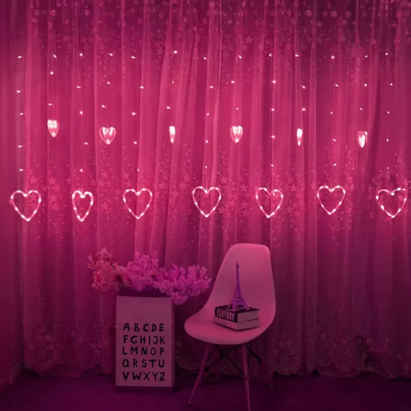 Dazzle Bright Valentines Day Lights 138LED 9FT 12Heart Curtain String Lights with Remote 8 Modes USB Power Galentines Decorations for Indoor Window Outdoor Wedding Party Decor PinkPink