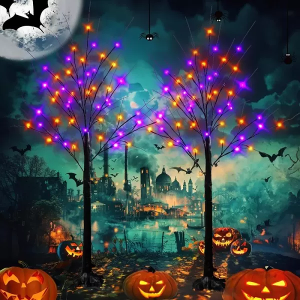 Dazzle Bright 2 Pack 4FT Halloween Lighted Up Birch Tree Total 96 LED Purple and Orange Fairy Lights with Timer Waterproof for Indoor Outdoor Home Party Halloween Decoration