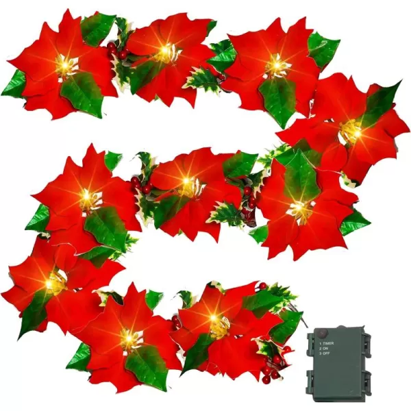 Dazzle Bright 7 FT Christmas Poinsettia Flowers Garland Decorations 10 LED Lighted Artificial Velvet String Lights with Red Berries Holly Leaves Xmas Ornaments for Indoor Outdoor Fireplace Decor1 Pack