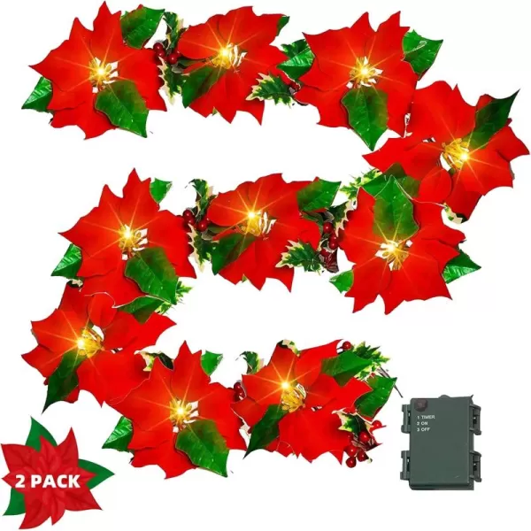 Dazzle Bright 7 FT Christmas Poinsettia Flowers Garland Decorations 10 LED Lighted Artificial Velvet String Lights with Red Berries Holly Leaves Xmas Ornaments for Indoor Outdoor Fireplace Decor2 Pack