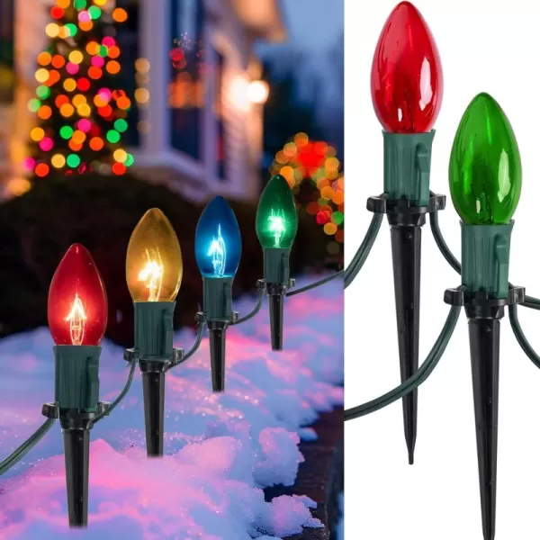 Dazzle Bright C9 Christmas Pathway Lights Outdoor 30 FT 24 Bulbs Waterproof Walkway Lights with Stakes Connectable Christmas Decorations for Outside Sidewalk Yard Decor MultiColoredMulticolored