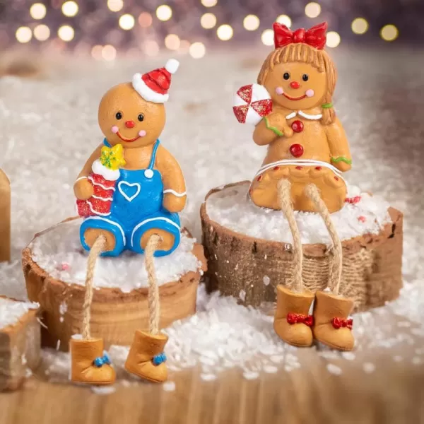 Dazzle Bright Christmas Figurines Set of 2 Resin Gingerbread Man Sitters with Dangling Legs Xmas Table Fireplace Shelf Sitters Decorations Sitting Figurines Ornament for Indoor Home Decor