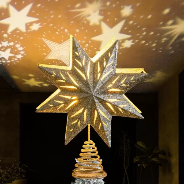 Dazzle Bright Christmas Tree Topper with LED Snowflake Projector Lights for Holiday Decorations Gold